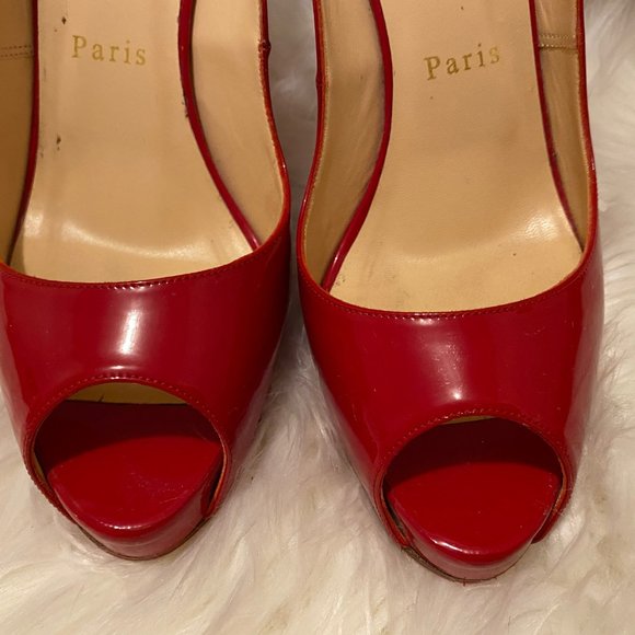 Christian Louboutin Red Patent Leather No Prive Sling Peep 120mm Pumps SZ 37.5 - Picture 4 of 10